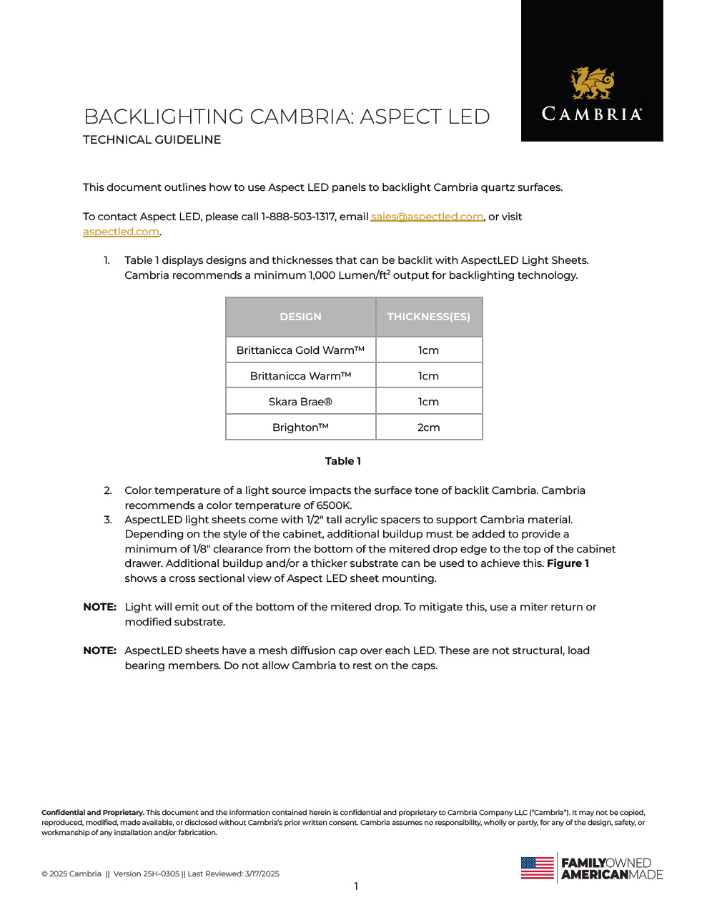 Backlighting Cambria - Aspect LED Panel Technical Guideline