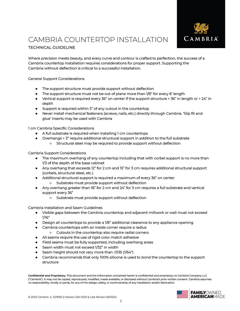 Cambria Countertop Installation Technical Guideline