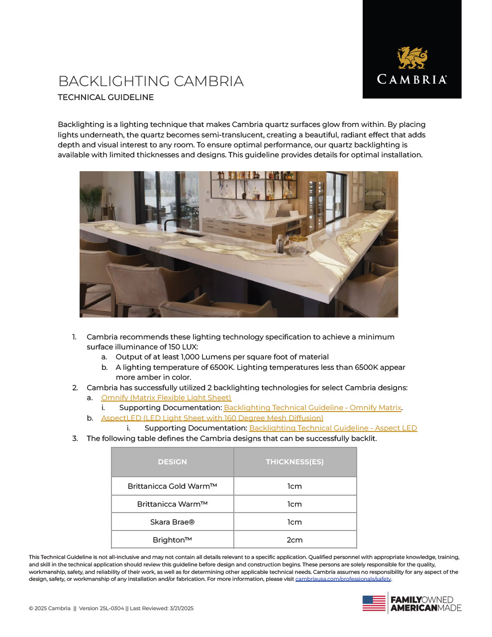 Backlighting Cambria Technical Guideline 